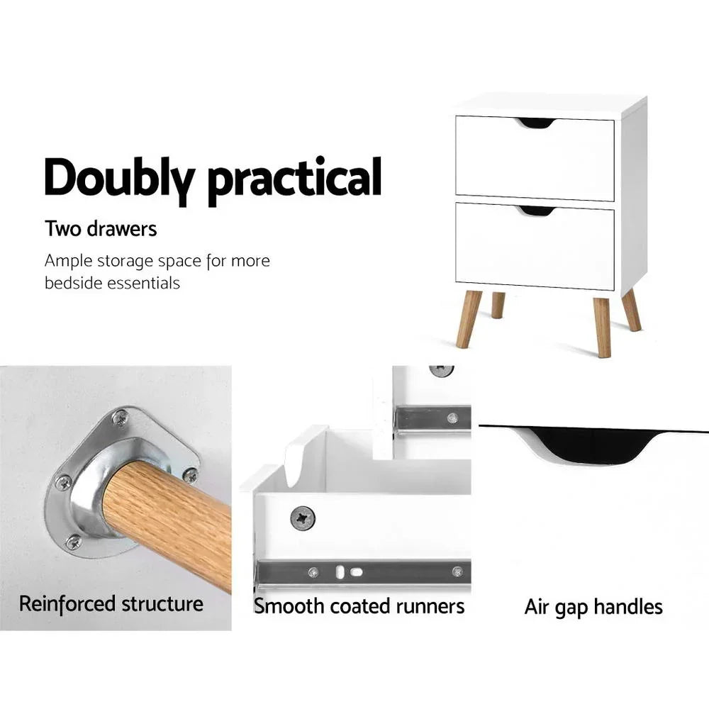 White bedside table with two drawers, wooden legs, reinforced structure, air gap handles