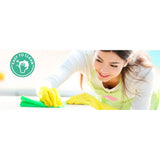 Woman wearing yellow cleaning gloves wiping a surface, easy to clean icon visible.