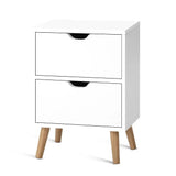 Modern white bedside table with two drawers and wooden legs, minimalist design