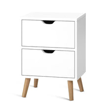 Modern white bedside table with two drawers and wooden legs, minimalist design