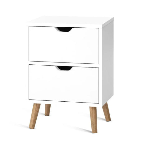 Modern white bedside table with two drawers and wooden legs, minimalist design