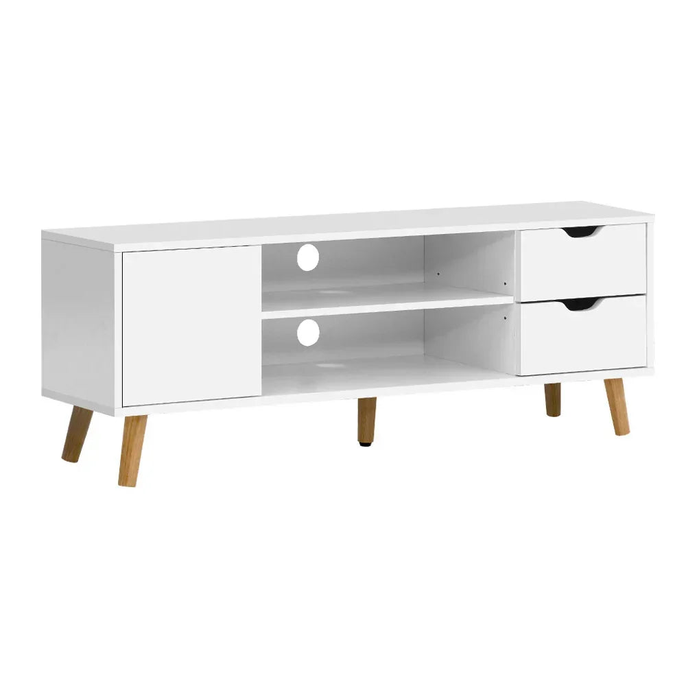 Modern white TV unit with open shelving, two drawers, door, and wooden legs