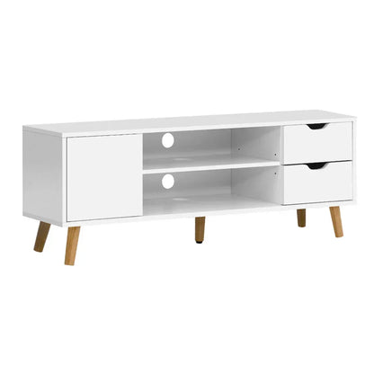Modern white TV unit with open shelving, two drawers, door, and wooden legs