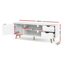 White TV unit with drawers, cabinet, open shelf, and measurements in centimeters