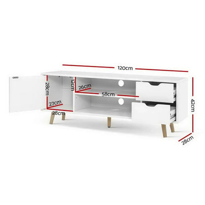 White TV unit with drawers, cabinet, open shelf, and measurements in centimeters
