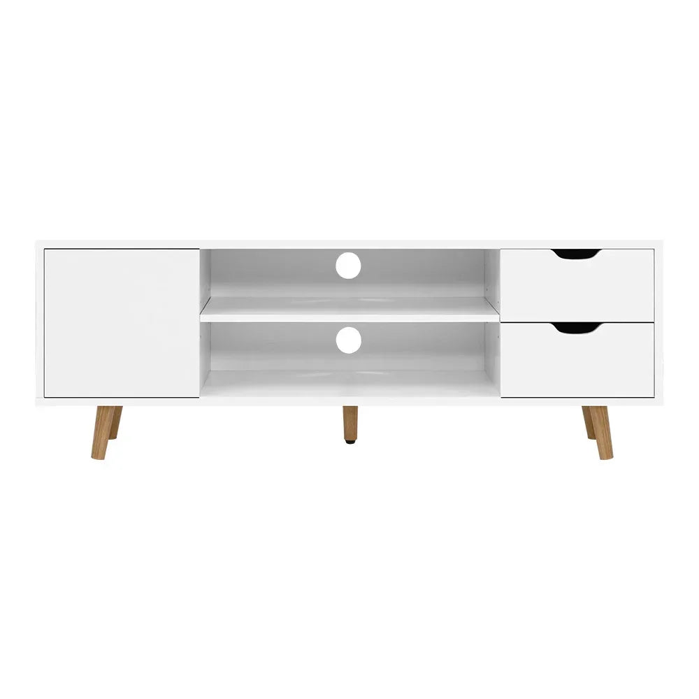 Modern white TV unit with two drawers, open shelves, cabinet, and wooden legs