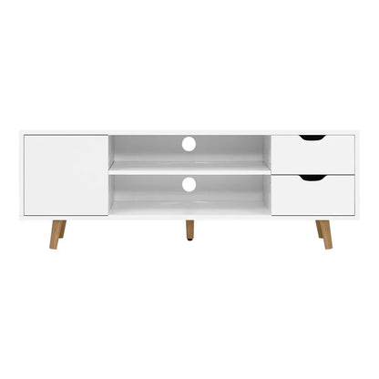 Modern white TV unit with two drawers, open shelves, cabinet, and wooden legs