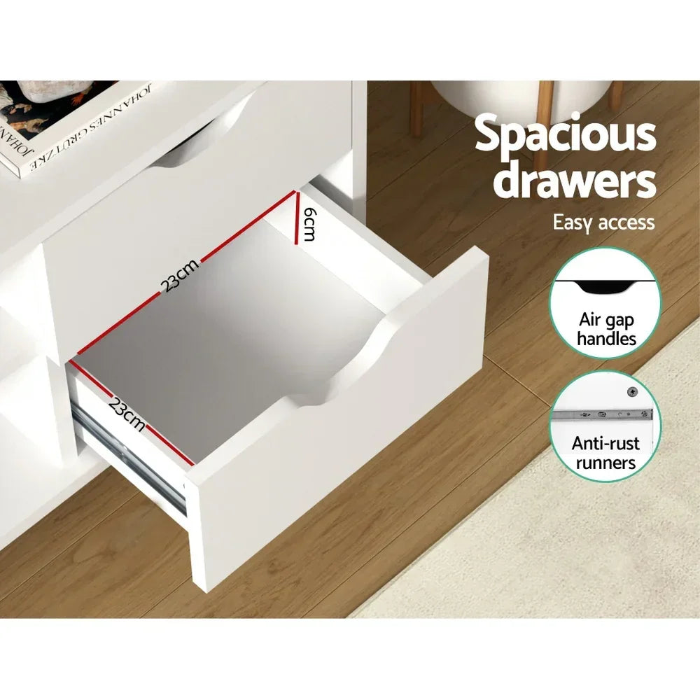 White storage drawer unit with open spacious drawer, air gap handles, and anti-rust runners
