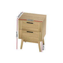 Wooden bedside table with two rattan drawers, black handles, and dimensions labeled.