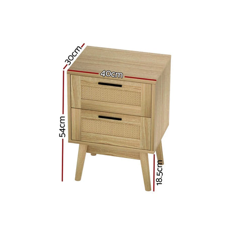 Wooden bedside table with two rattan drawers, black handles, and dimensions labeled.
