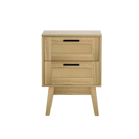 Modern wooden bedside table with two rattan-front drawers and black handles