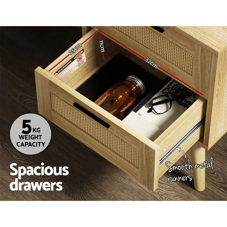 Spacious wooden drawer with 5kg weight capacity, smooth metal runners, open to show storage.
