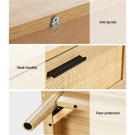 Wooden furniture detail with anti-tip kit, sleek black handle, and floor protectors.