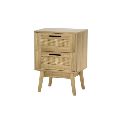Modern wooden bedside table with two rattan drawers and angled legs