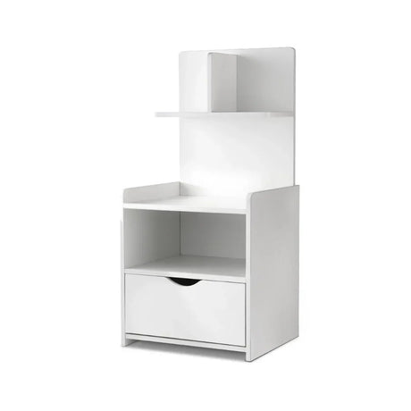White wooden bedside table with drawer, open shelf, and upper storage compartments