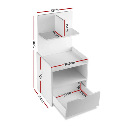 White bedside table with shelf and drawer, labeled measurements in centimeters.
