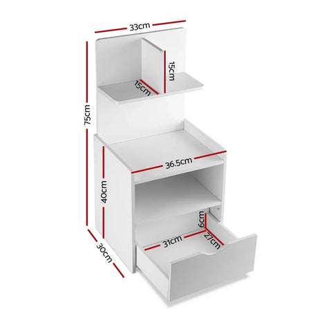 White bedside table with shelf and drawer, labeled measurements in centimeters.