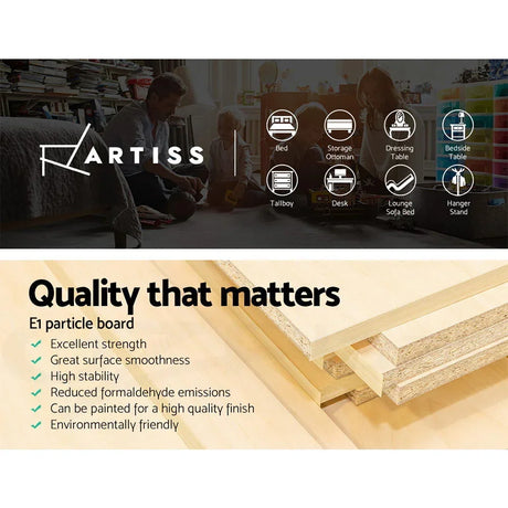 E1 particle board with quality features, ideal for furniture like beds, desks, and storage.