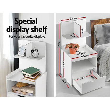 White display shelf with multiple levels and drawer, shown with decor and measurements