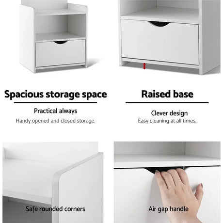 White bedside table with spacious storage, raised base, rounded corners, air gap handle.
