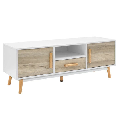 Modern white and oak TV unit with storage drawers, open shelf, and angled wooden legs