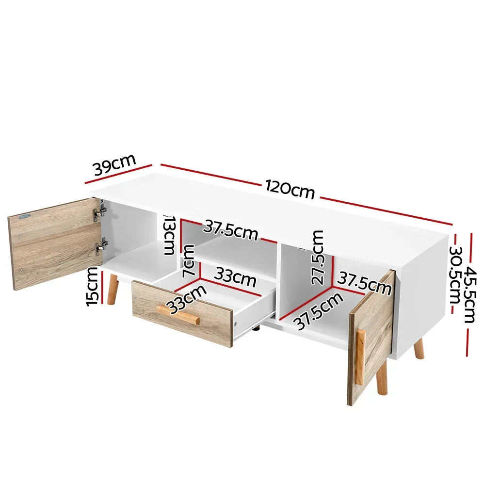 White and wood TV unit with open drawers and doors, showing detailed cabinet measurements.