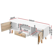 White and wood TV unit with open drawers and doors, showing detailed cabinet measurements.