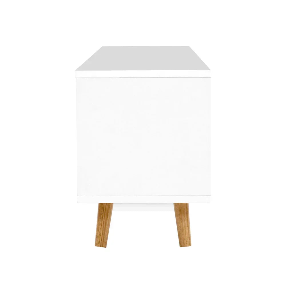 Side view of modern white TV cabinet with wooden legs on white background