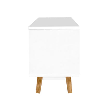 Side view of modern white TV cabinet with wooden legs on white background