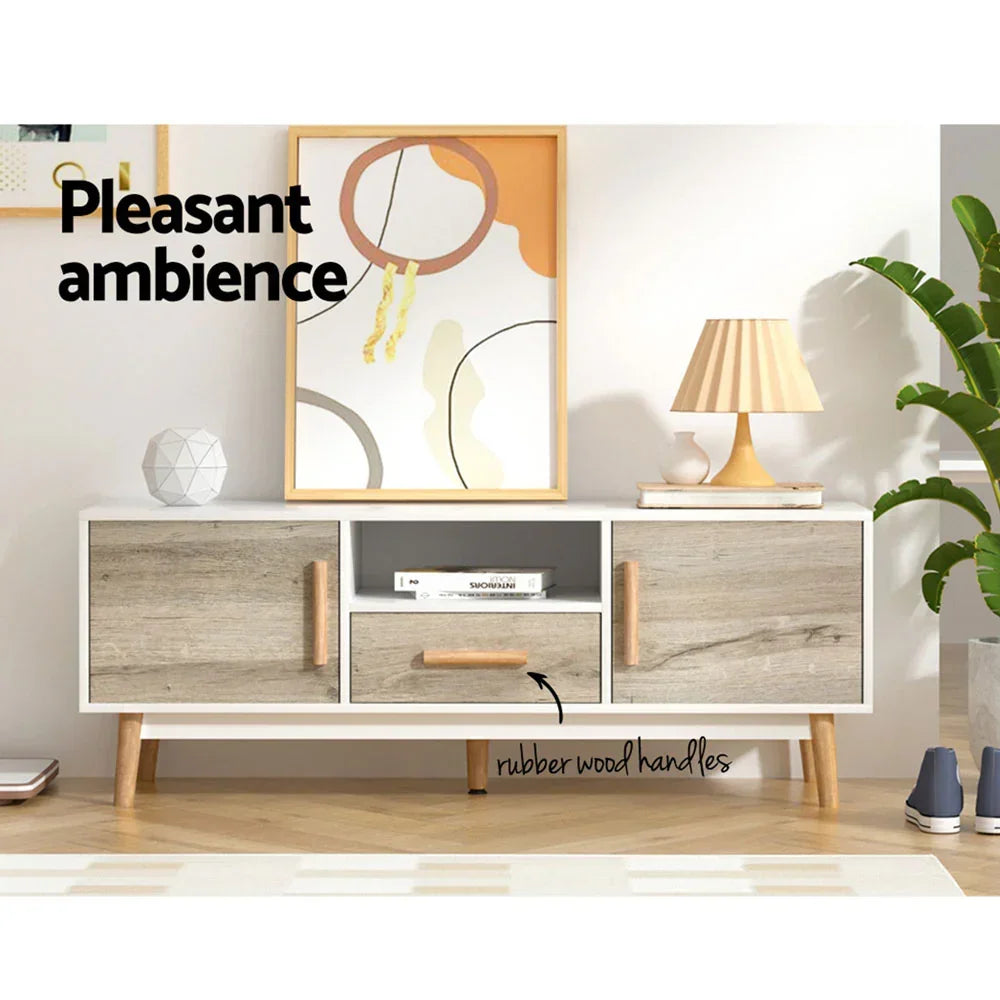 Modern TV cabinet with wood finish, rubber wood handles, and minimalist decor in bright living room