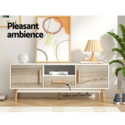 Modern TV cabinet with wood finish, rubber wood handles, and minimalist decor in bright living room