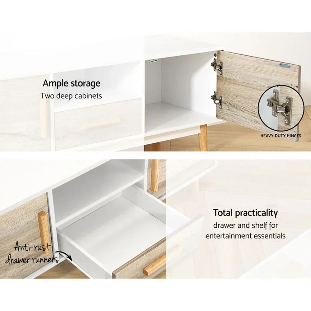 Modern TV cabinet with white and wood finish, showing open cabinets, sturdy hinges, and spacious drawer.