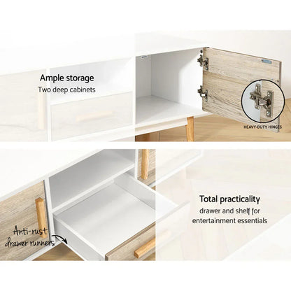 Modern TV cabinet with white and wood finish, showing open cabinets, sturdy hinges, and spacious drawer.