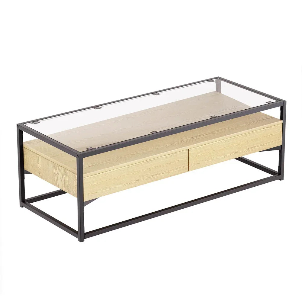 Modern rectangular coffee table with glass top, light wood drawers, and black metal frame.