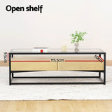 Modern rectangular glass coffee table with black metal frame, two wooden drawers, and dimensions labeled.