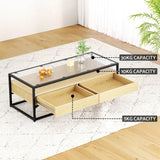 Modern glass coffee table with black metal frame, wood drawers, and storage capacity labels
