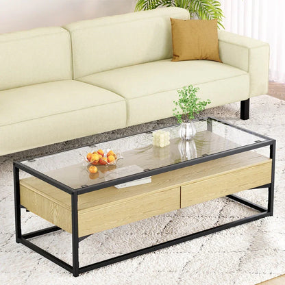 Modern glass and wood coffee table with black metal frame in a living room setting
