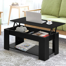 Black lift top coffee table with storage shelves in a modern living room