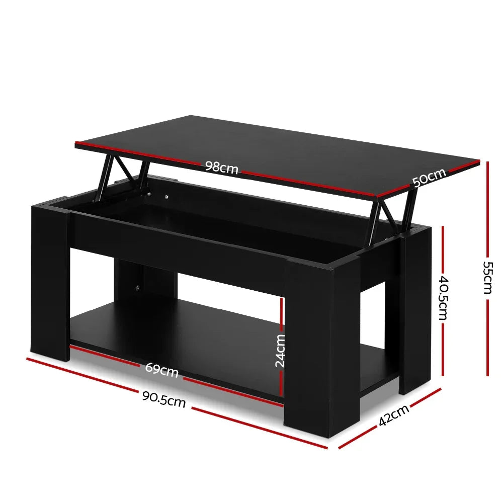 Black lift-top coffee table with storage shelf, open design, dimensions labeled in centimeters