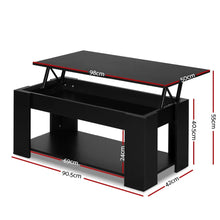 Black lift-top coffee table with storage shelf, open design, dimensions labeled in centimeters