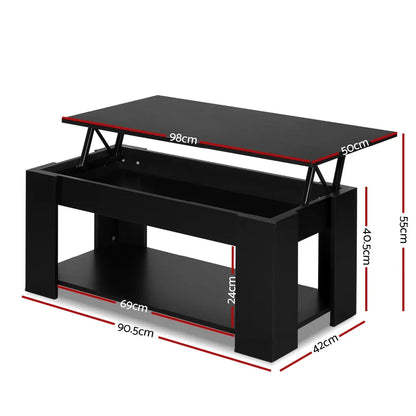 Black lift-top coffee table with storage shelf, open design, dimensions labeled in centimeters