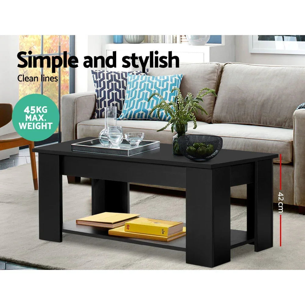 Black coffee table with clean lines in a modern living room, 45kg max weight, 42cm height.