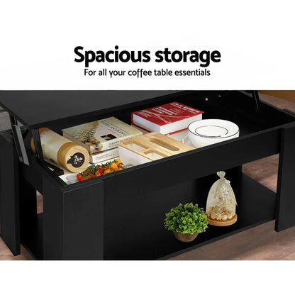 Black coffee table with lift-top and spacious storage compartment, essentials organized inside.