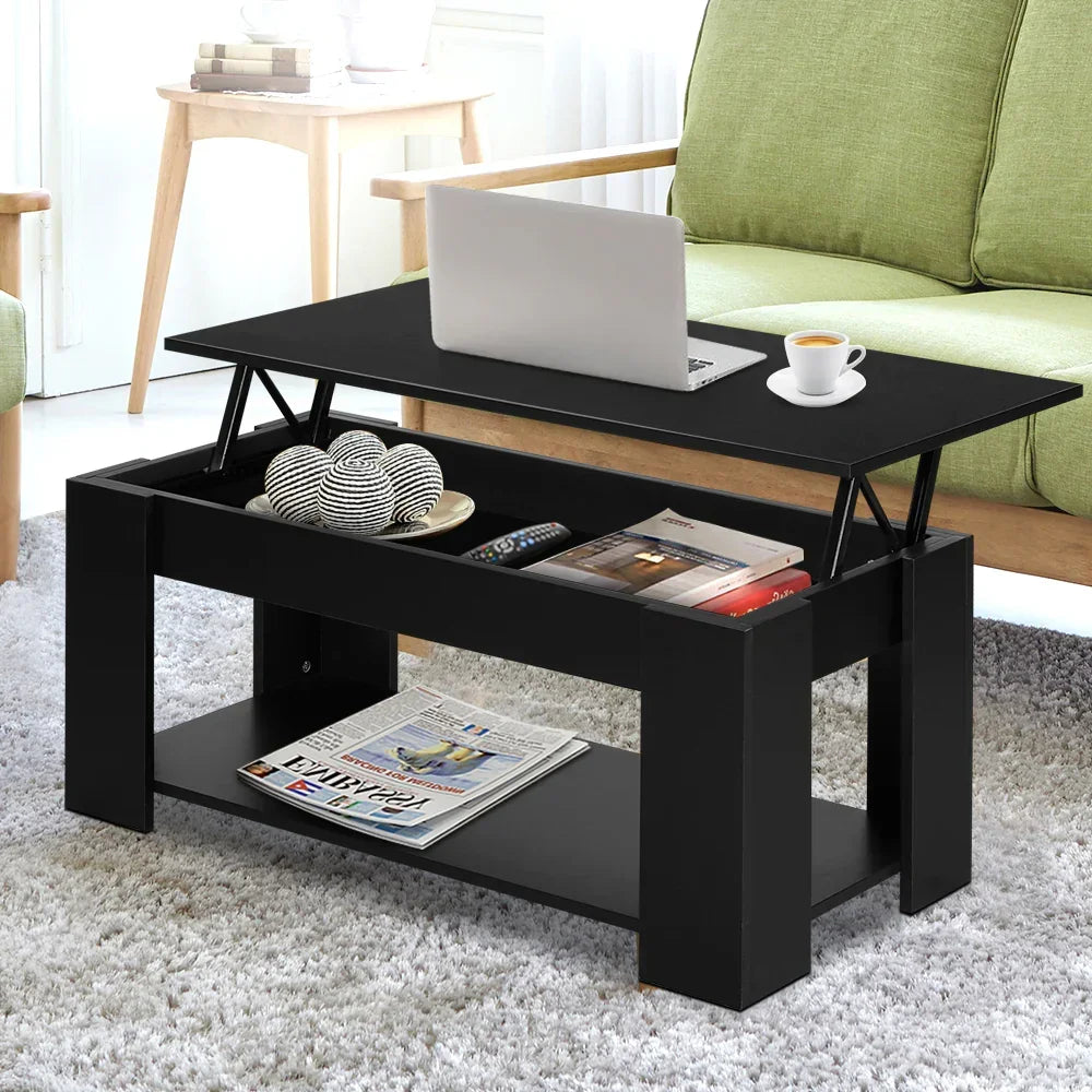 Black lift-top coffee table with storage shelf in modern living room setting