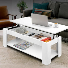 White lift top coffee table with storage shelf in modern living room setting