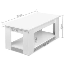 White rectangular coffee table with storage shelf, shown with dimensions in centimeters