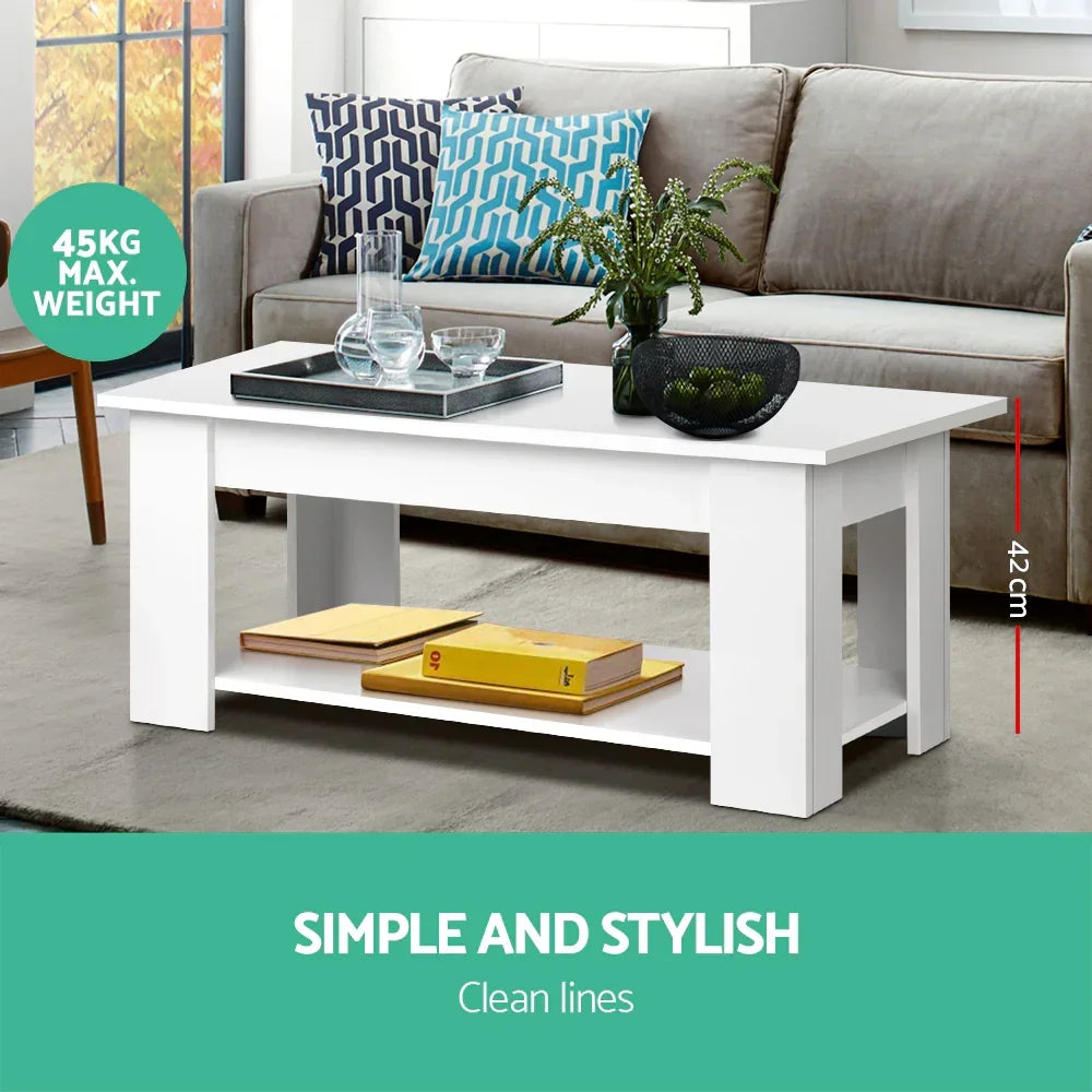 Modern white lift top coffee table with shelf in living room, 45kg weight limit, 42cm high.