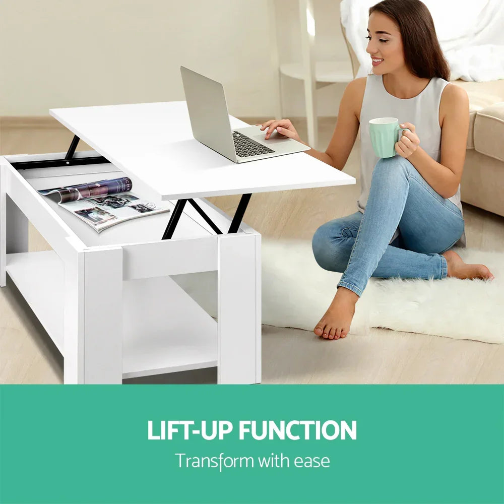White lift-up coffee table with storage, woman using laptop and drinking coffee in modern living room