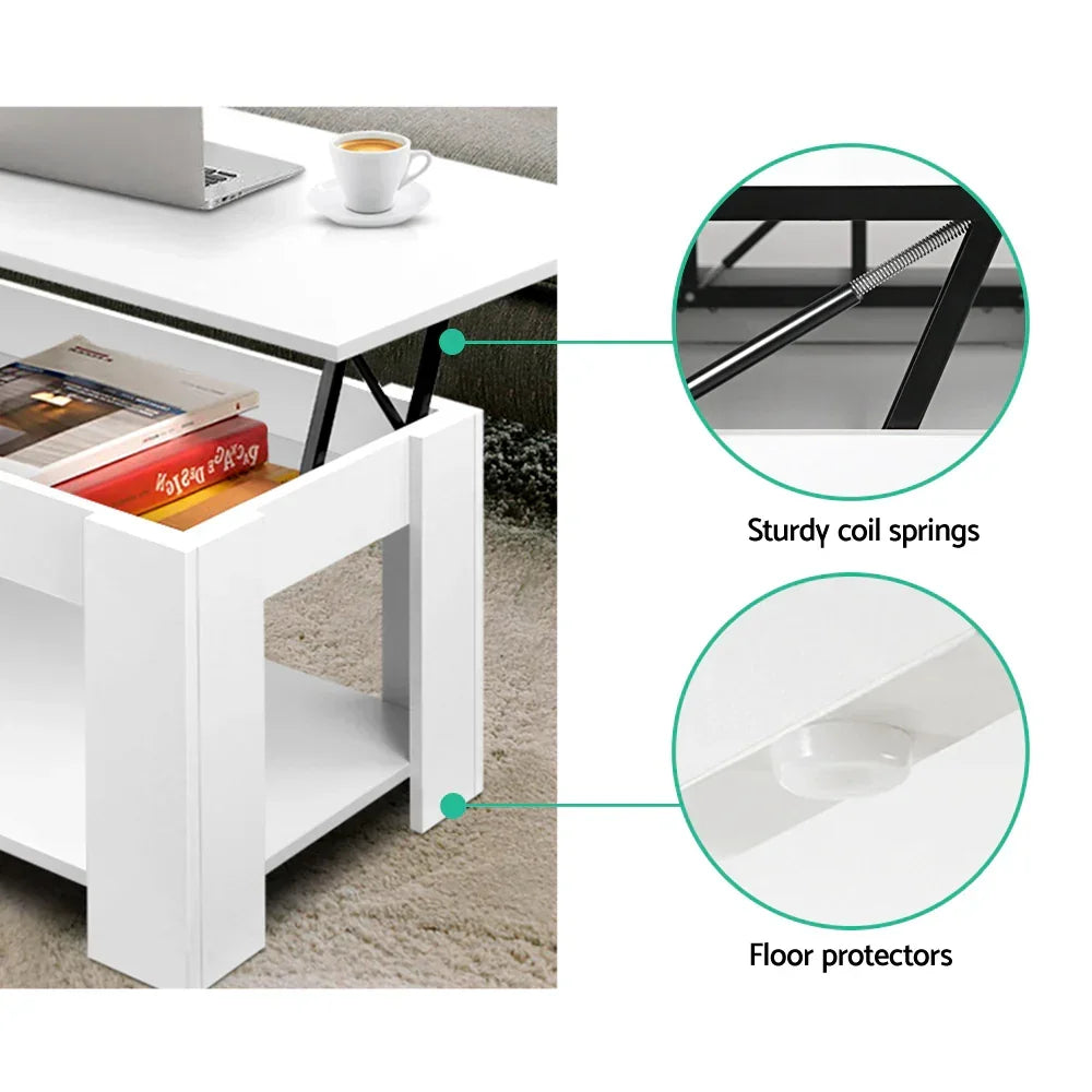 White lift-top coffee table with storage shelf, sturdy coil springs, and floor protectors