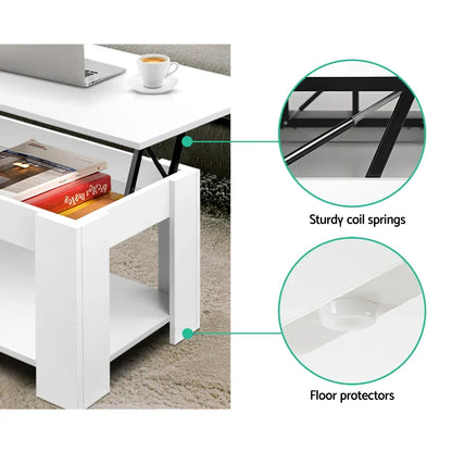 White lift-top coffee table with storage shelf, sturdy coil springs, and floor protectors
